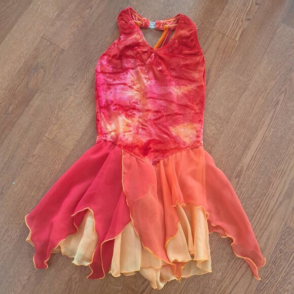 Jerry's figure skating dance dress youth 12/14 orange red yellow chiffon layered - Picture 1 of 5